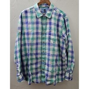 Ocean & Coast Men Size XL 100% Linen Roll Tab Long Sleeve Shirt Blue Green Plaid